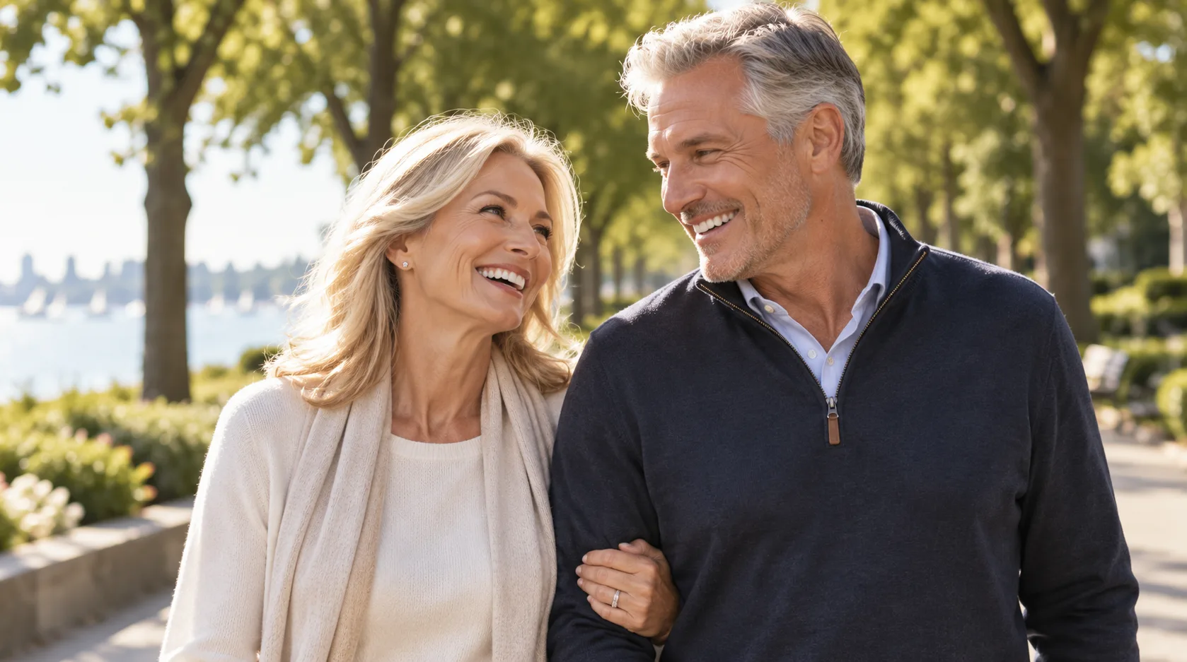Smiling couple walking arm in arm through a sunny park