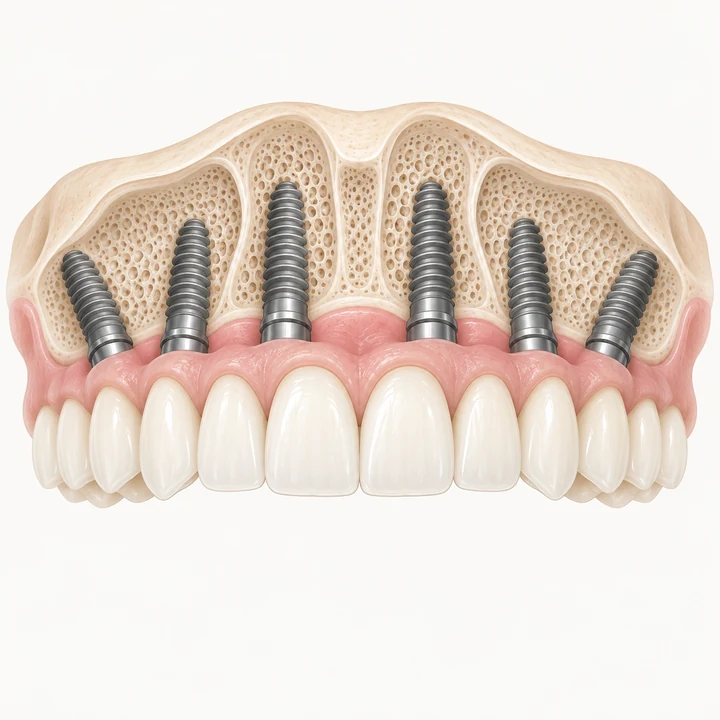 Frontal illustration of a fixed upper full-arch tooth-only bridge supported by six implants