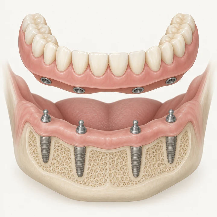 Illustration of a removable lower overdenture lifted above four implant attachments