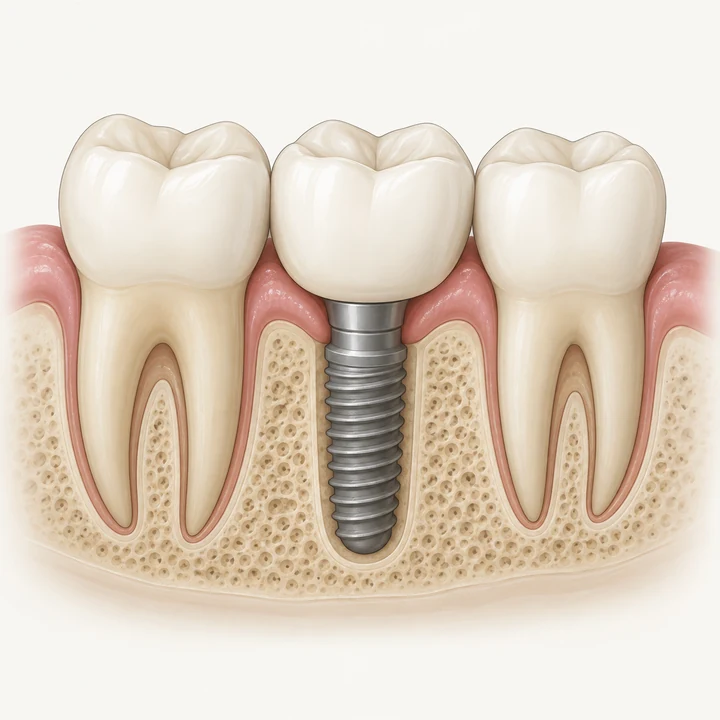 Illustration of a single implant crown between two intact natural teeth