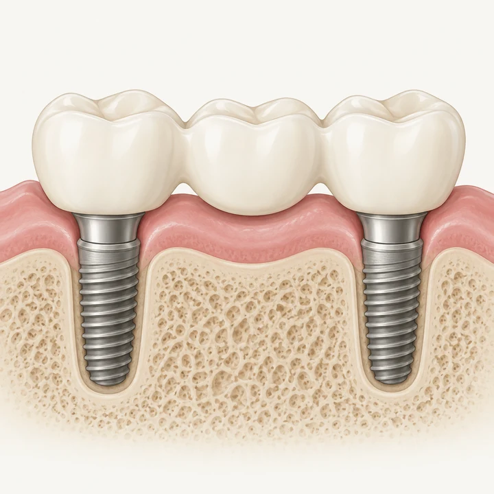 Illustration of a three-tooth bridge supported by two implants, with no implant beneath the middle tooth